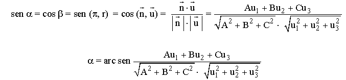 fórmula de ángulo entre recta y plano