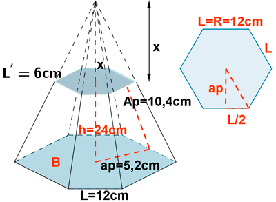 capacidad de un tronco de piramide base hexagonal
